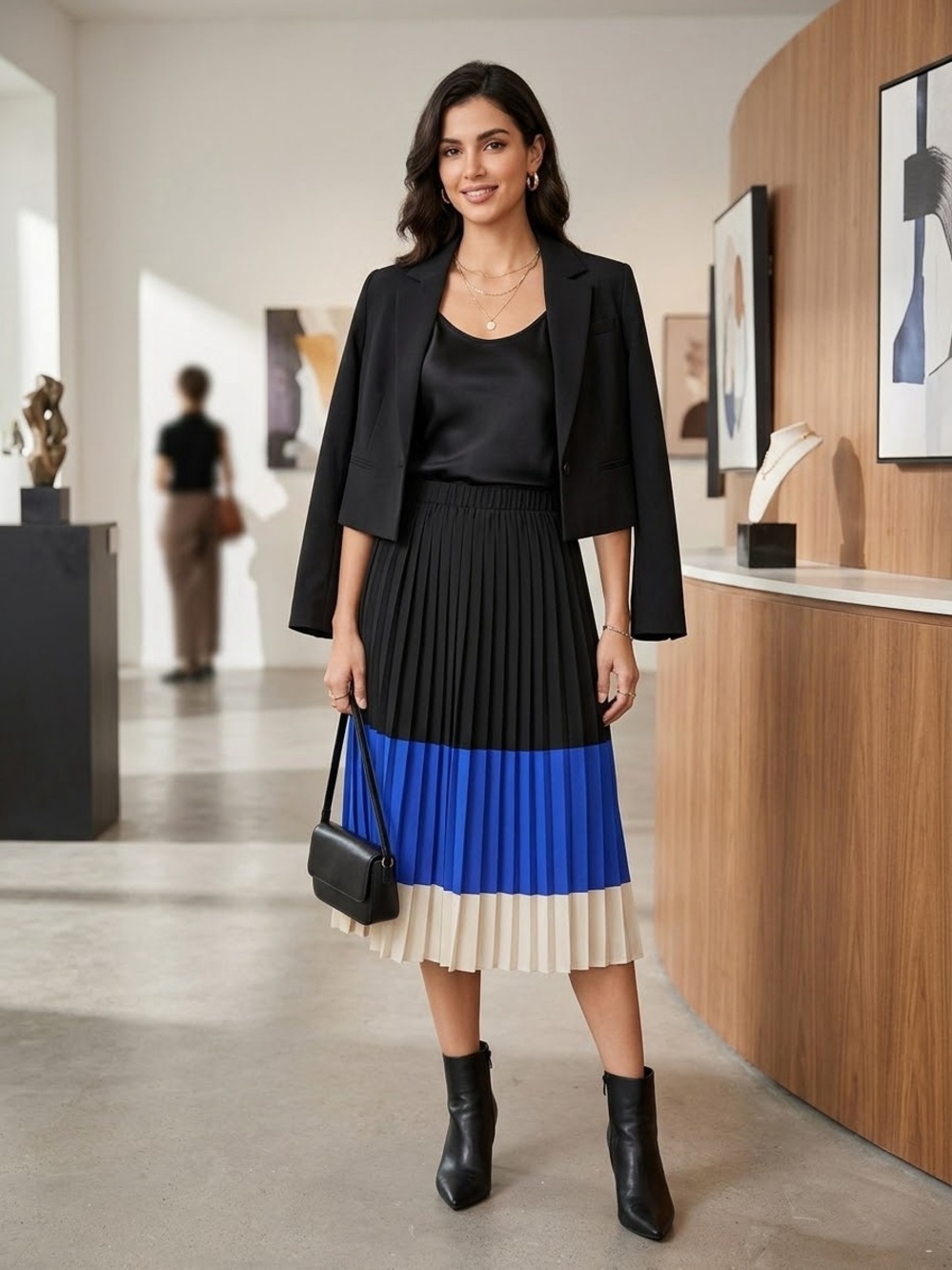 Sixten Pleated Preppy Retro Colorblock Flowy MIDI Skirt Small